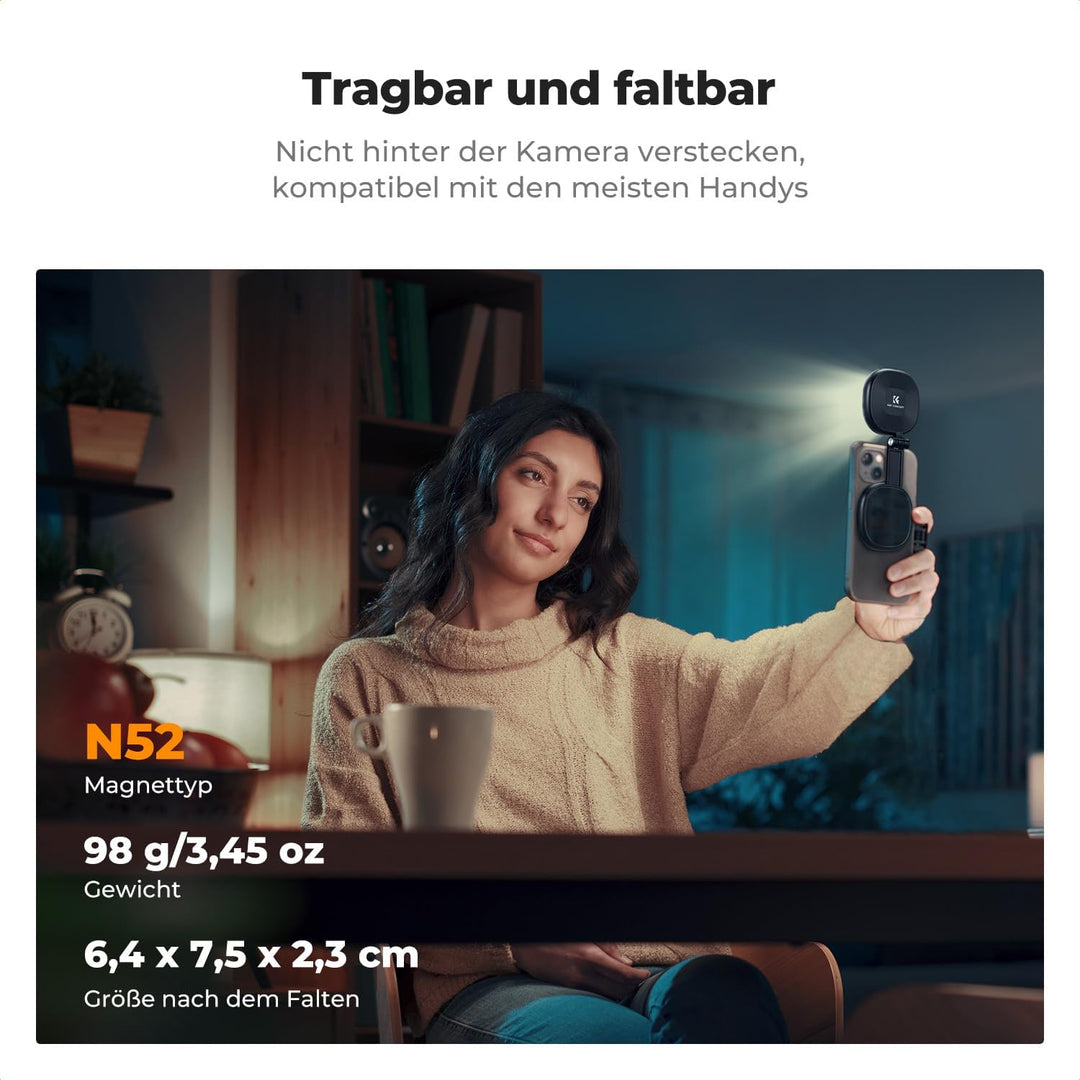 K&F CONCEPT Magnetische Selfie Licht mit Spiegel, 900mah Handy Ringlicht kompatibel mit iPhone Magsa