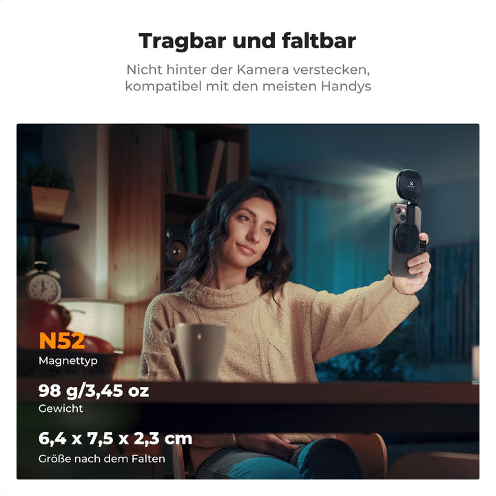 K&F CONCEPT Magnetische Selfie Licht mit Spiegel, 900mah Handy Ringlicht kompatibel mit iPhone Magsa