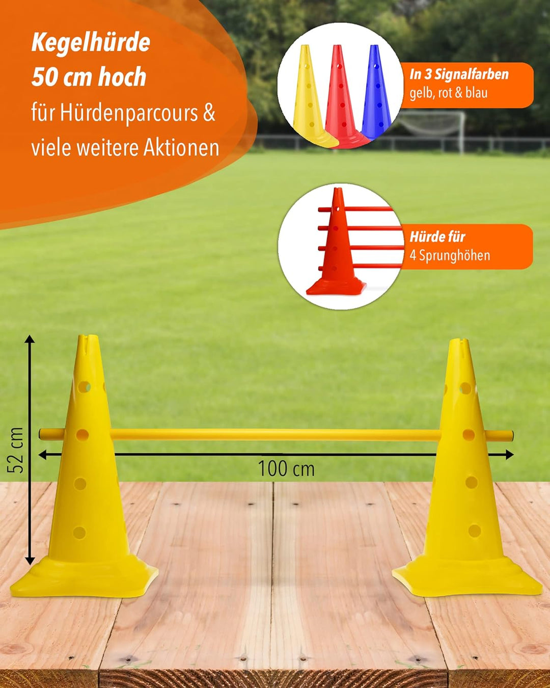 Kegel-Hürde 50 mit 100cm Stangen – 3er-Set – Gelb/Rot/Blau – Steckhürden für Agility Teamsport – Fle