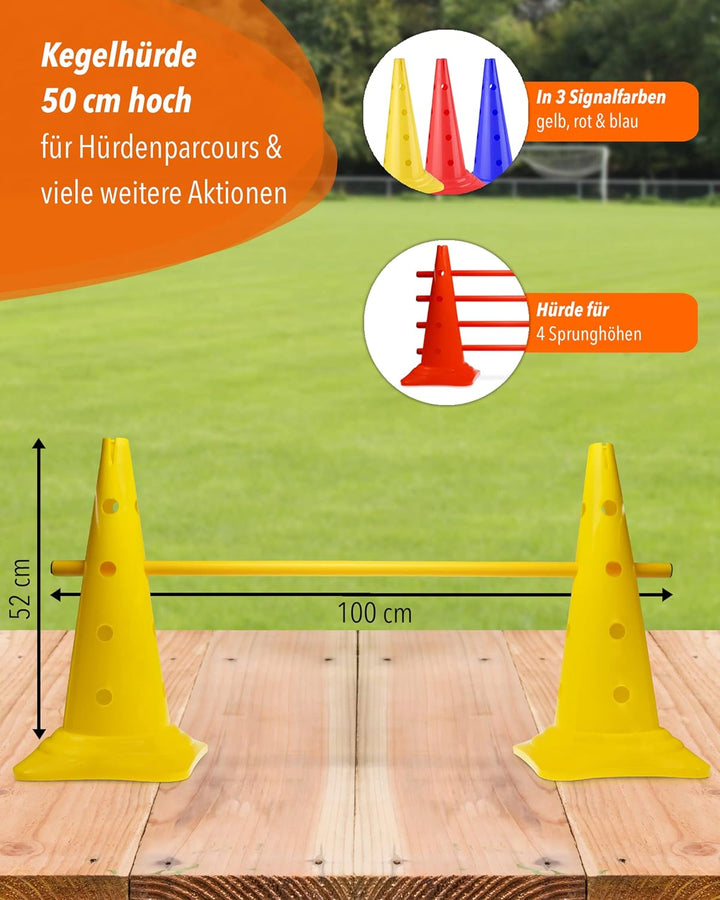 Kegel-Hürde 50 mit 100cm Stangen – 3er-Set – Gelb/Rot/Blau – Steckhürden für Agility Teamsport – Fle