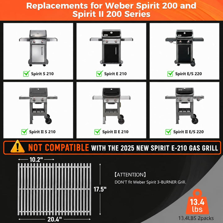Grillroste Edelstahl für Weber Spirit 200 und Spirit II 200 Serie, 44,5 cm, passend für Spirit E210