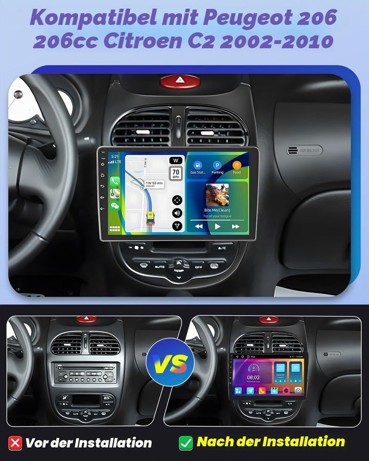 Hikity 2+64GB Android 15 Autoradio für Peugeot 206 206cc Citroen C2 2002-2010 Radio Wireless Carplay