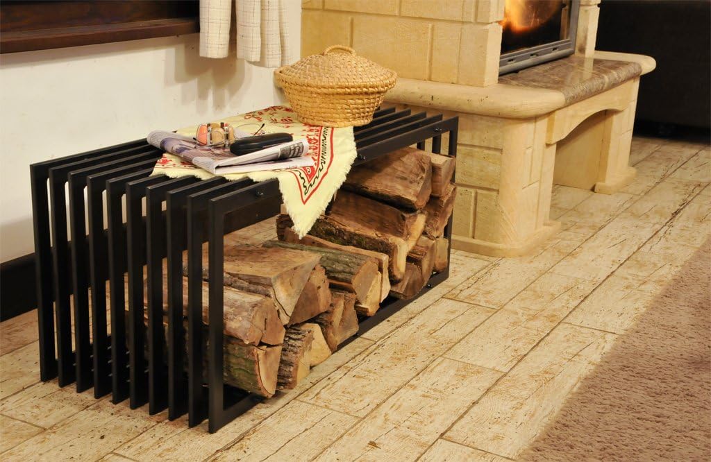 DanDiBo Kaminholzständer Bank D-Stil 100 cm Kaminholzregal Holzkorb Kaminholzhalter