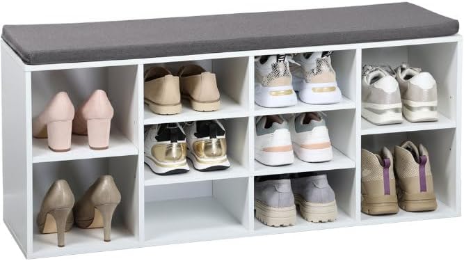 Kesper | Schuhschrank mit Sitzkissen | Weiss lackiert | variabel einteilbare Fächer | FSC®-zertifizi