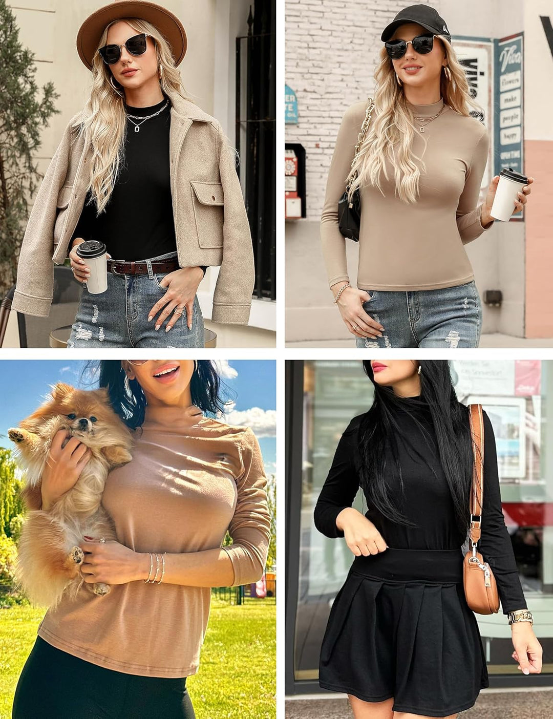 Damen 2 Pack Langarmshirt Set Stehkragen Rollkragenshirt Baumwolle Elegant Basic Oberteile Langarm U