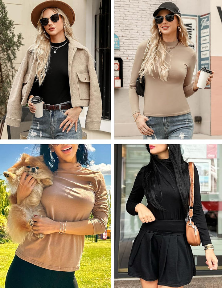 Damen 2 Pack Langarmshirt Set Stehkragen Rollkragenshirt Baumwolle Elegant Basic Oberteile Langarm U