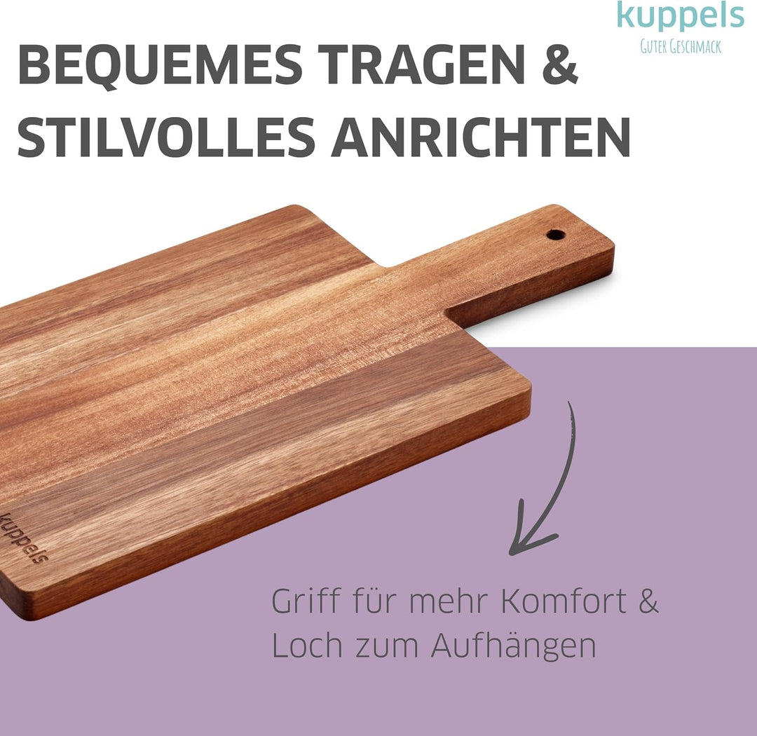 Kuppels Schneidebrett NICE | aus Akazienholz | 35 x 18 x 1,5 cm | mit Griff | Holzbrett klingenschon