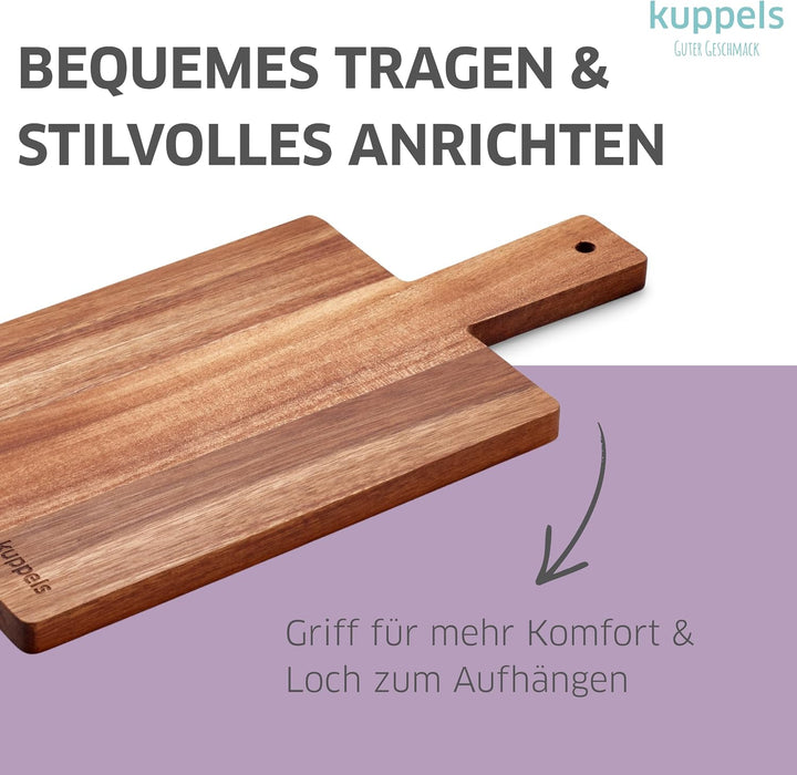 Kuppels Schneidebrett NICE | aus Akazienholz | 35 x 18 x 1,5 cm | mit Griff | Holzbrett klingenschon