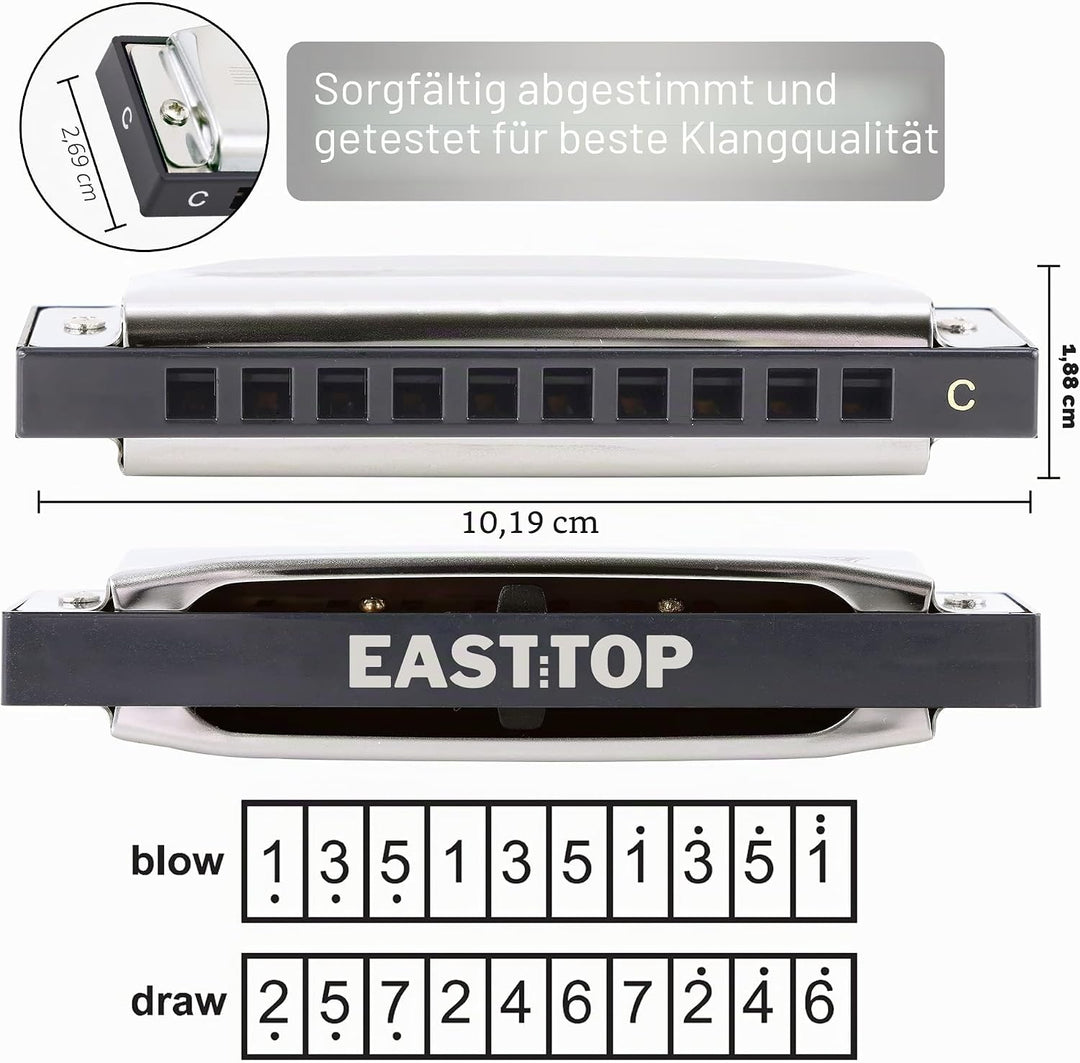 East Top Mundharmonika, diatonische Mundharmonika Tonart C, Blues Harp Mundharmonika 10 Löcher 20 Tö