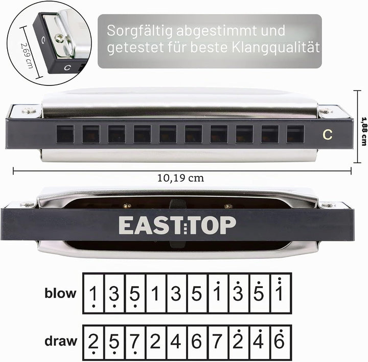 East Top Mundharmonika, diatonische Mundharmonika Tonart C, Blues Harp Mundharmonika 10 Löcher 20 Tö