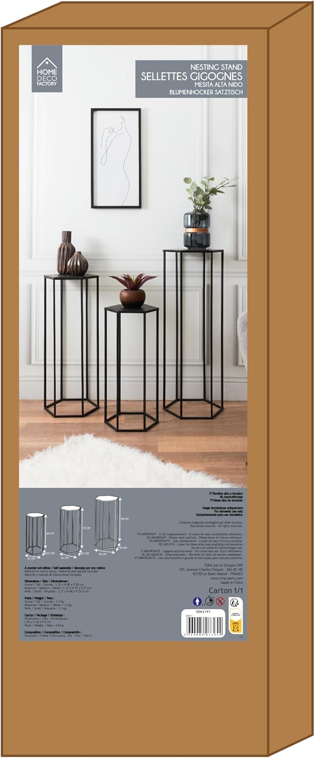HOME DECO FACTORY Gigogne X3 Metall Schwarz Tisch Konsole Sellette Möbel Eingangsbereich, 60x30x26 c