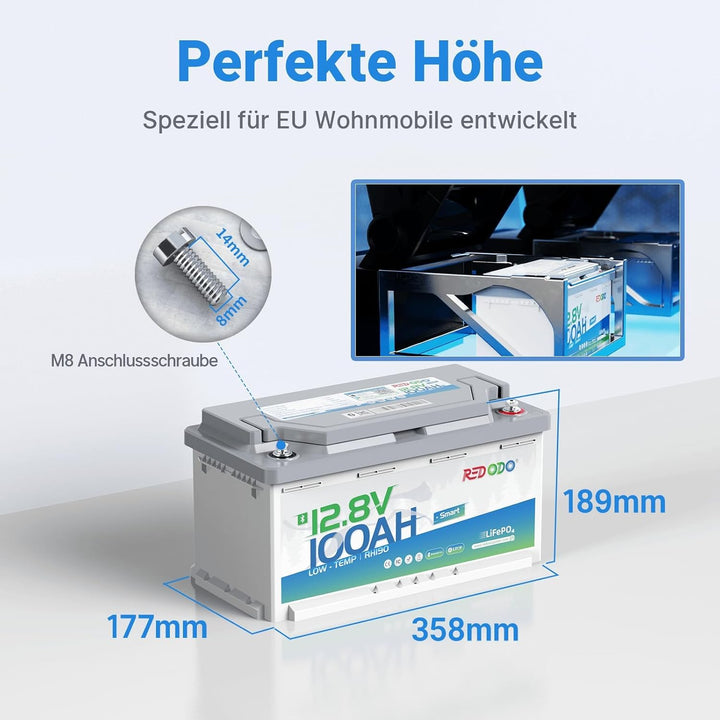 Redodo 12V 100Ah Bluetooth LiFePO4 Batterie, 188mm Höhe Tiefzyklus Lithium Batterie mit Smart BMS 12