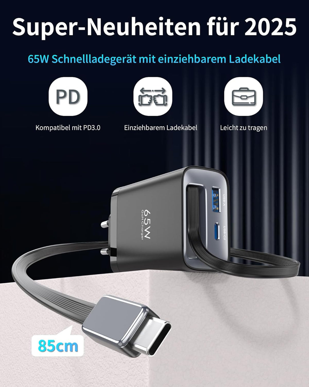 TOPADRE 65W USB C Ladegerät mit 85CM Einziehbares Ladekabel, 3-Port Schnellladegerät USB C Netzteil
