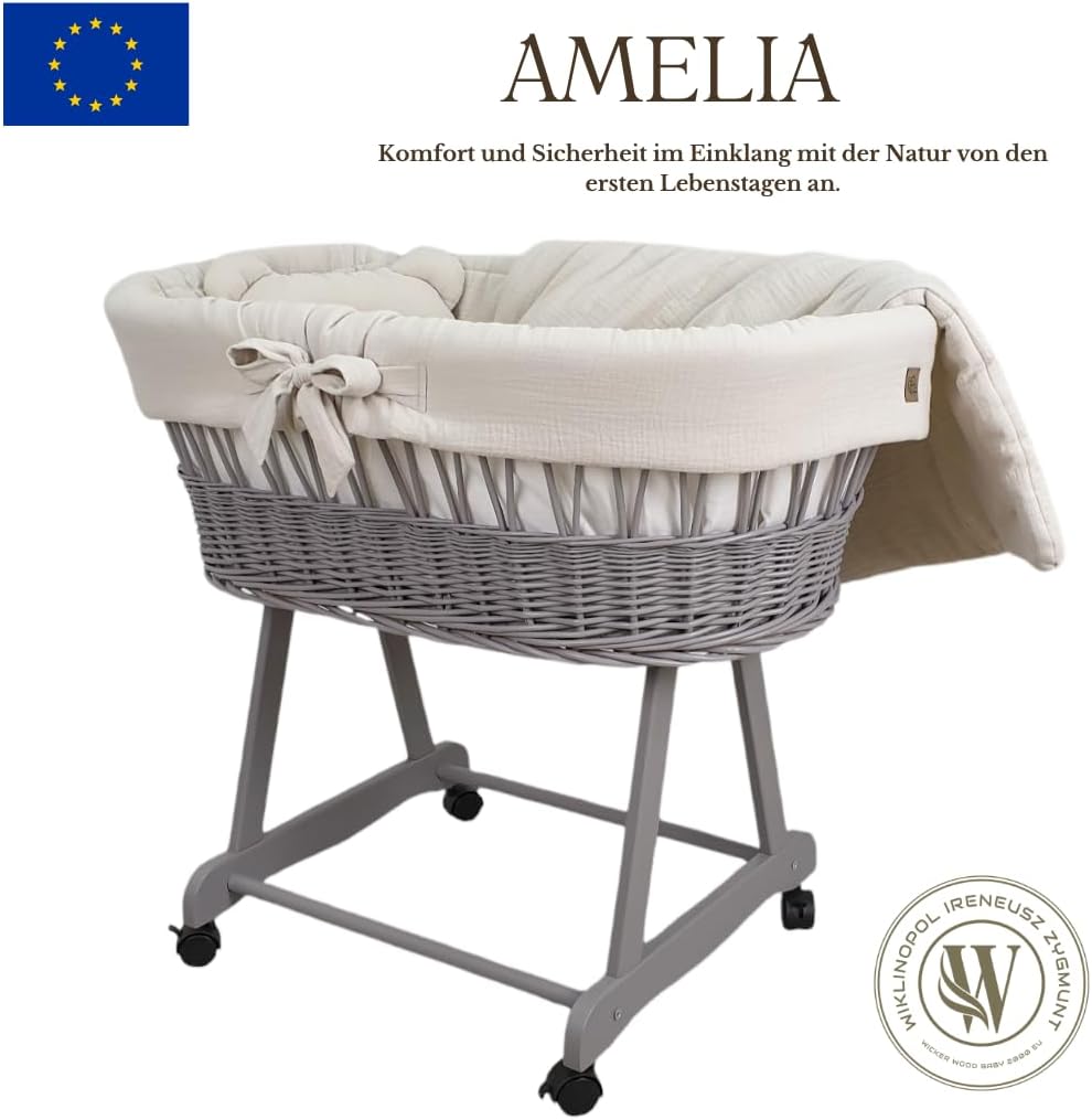 Wiklinopol Stubenwagen aus Weide mit Gestell & Matratze Amelia – Moseskorb in Grau – Set Musselin-Be