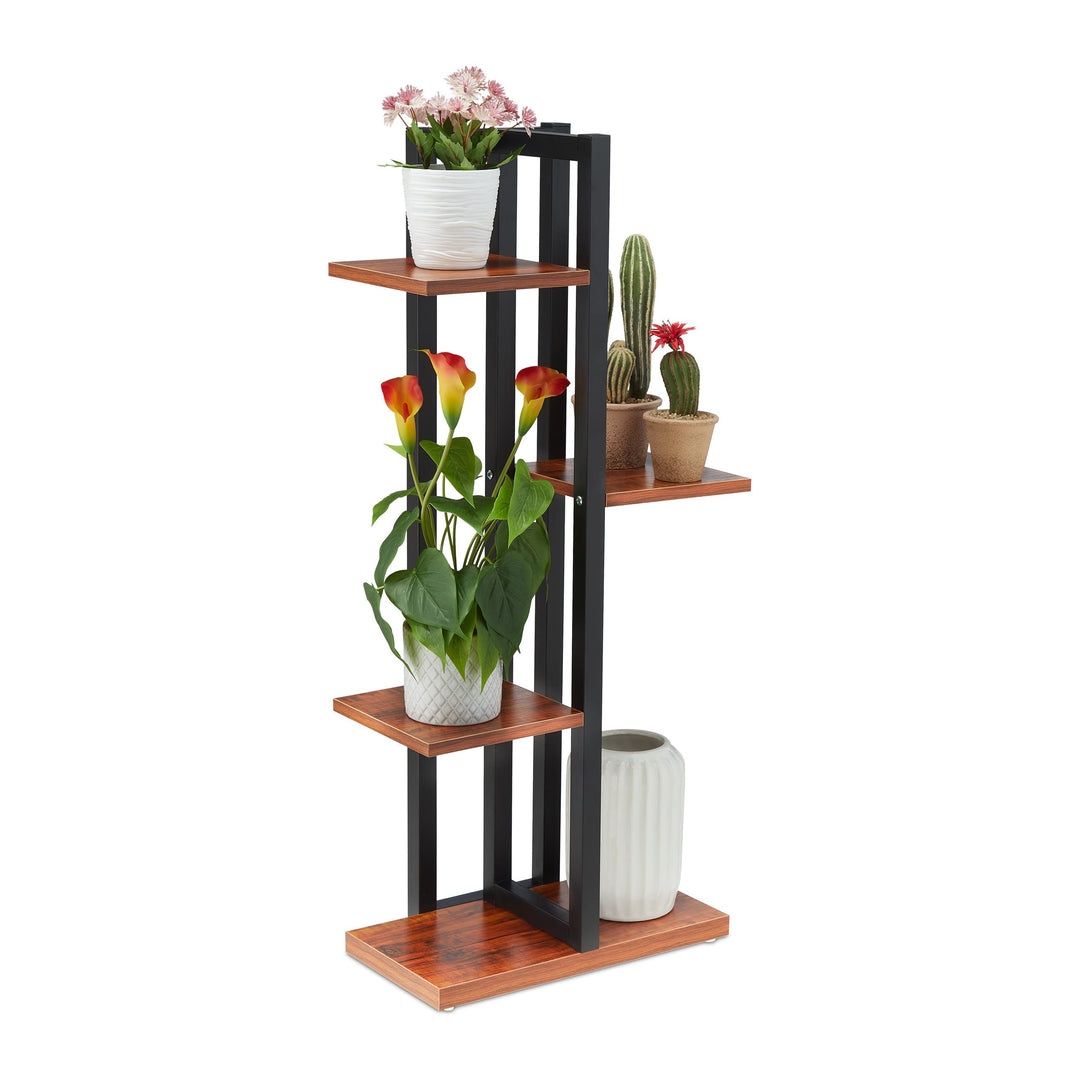 Relaxdays Blumenregal Metall, 4-stufige Indoor Blumentreppe, Holzoptik, HBT: 93x42,5x22,5 cm, Pflanz