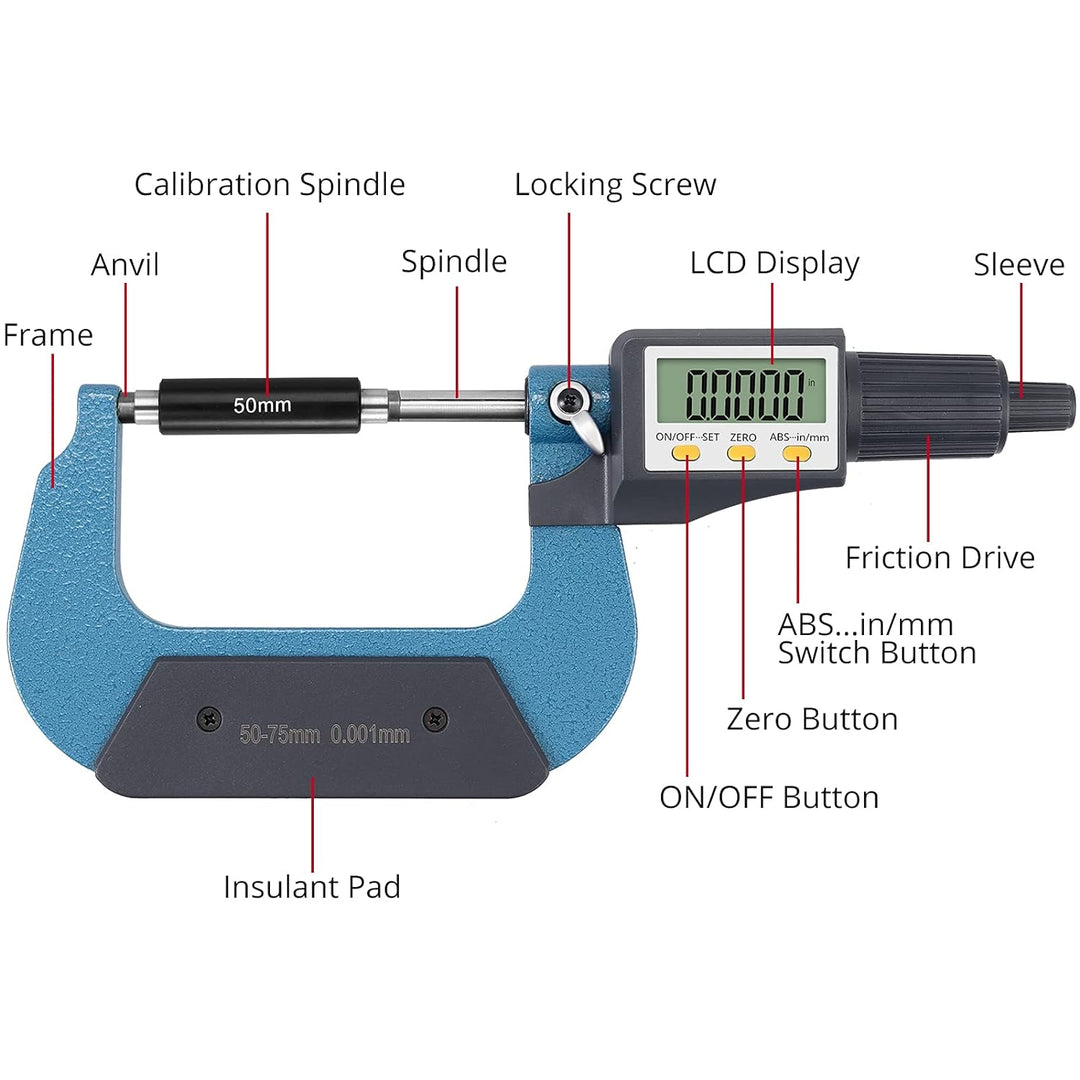 XUNTOP Mikrometer Digital 50-75mm Elektronische Mikrometer Hohe Präzision Bügelmessschraube mit LCD-