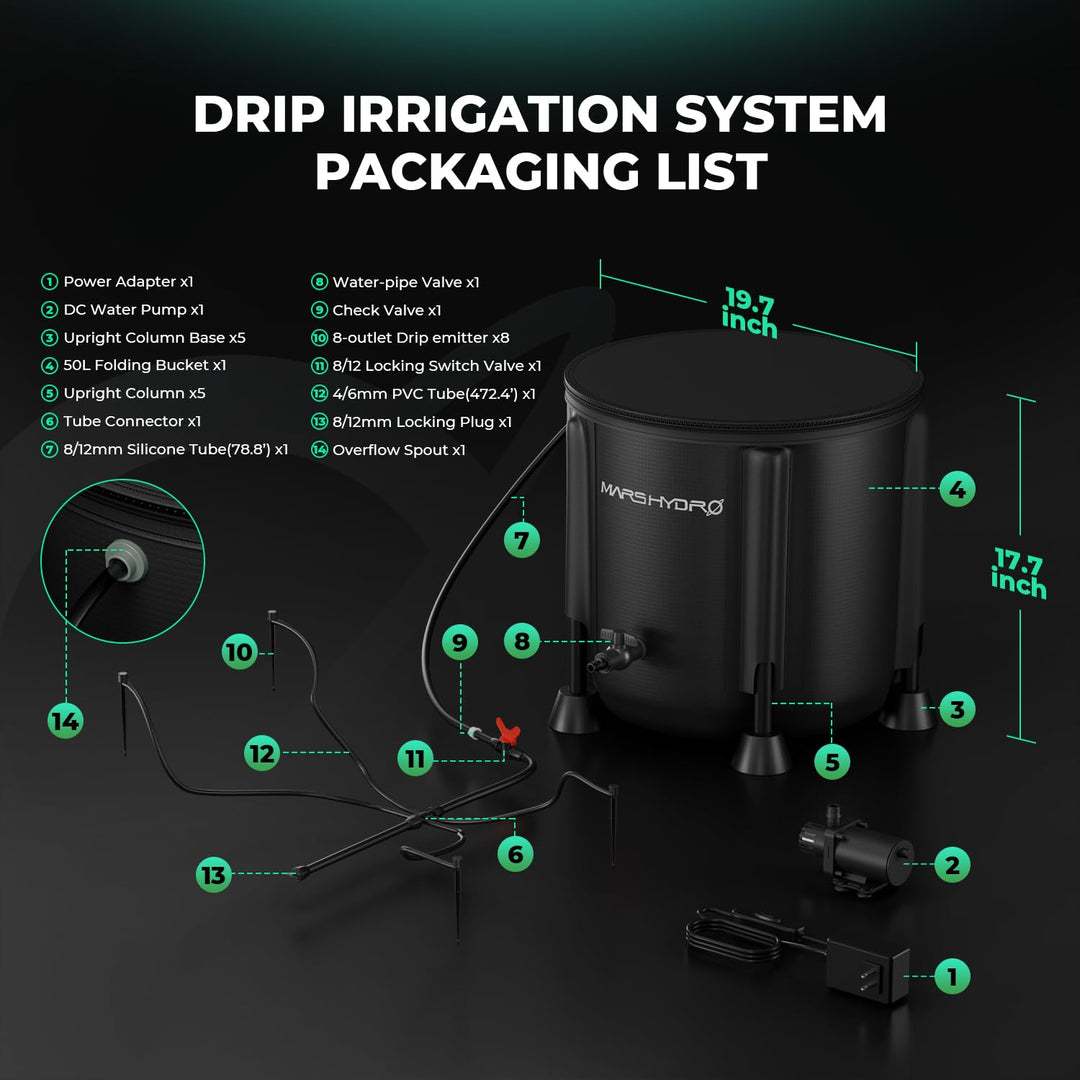 MARS HYDRO Automatische Bewässerung Bewässerungssystem indoor mit Faltbarem 50L-Eimer, Verbesserter