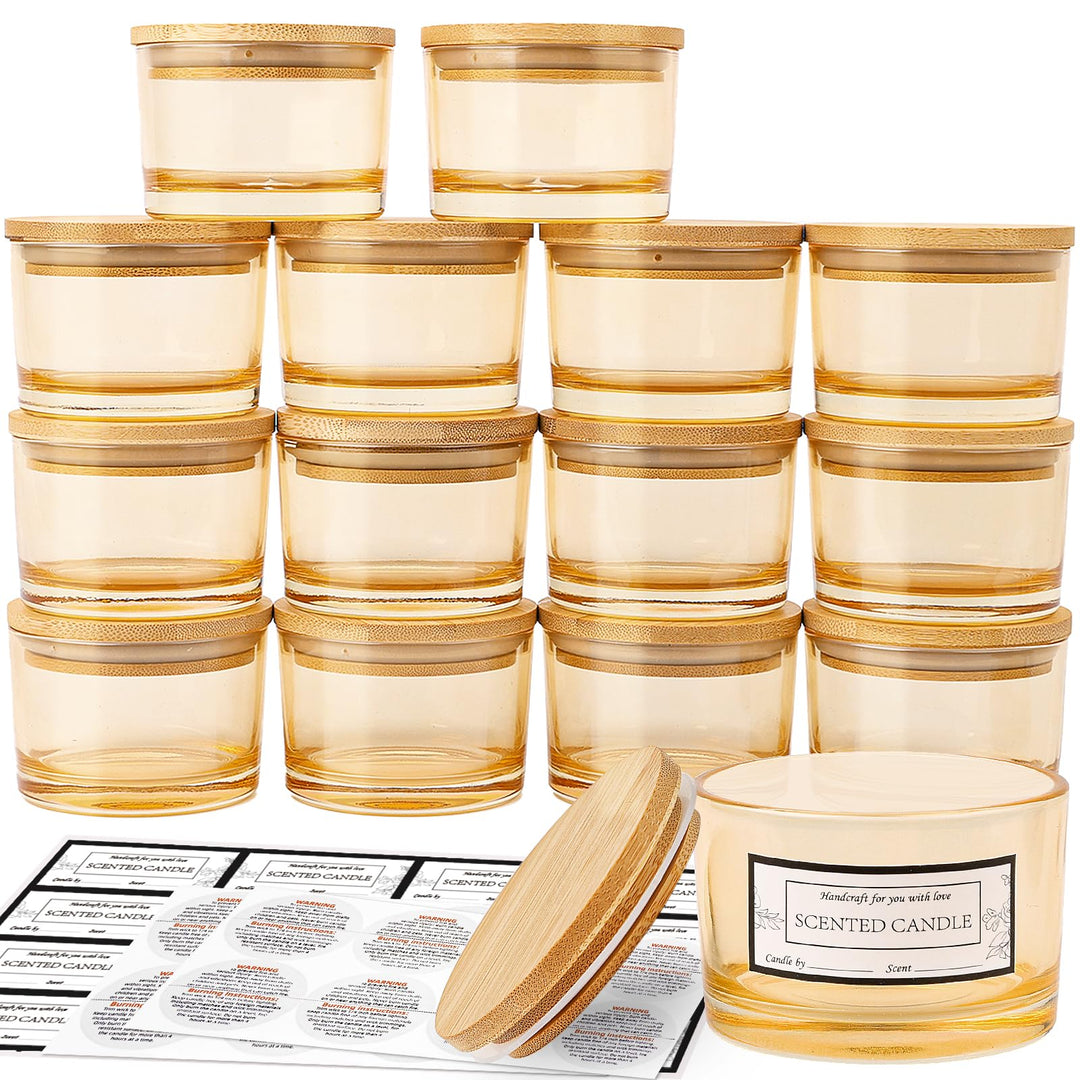 CONNOO 15 Stück 120 ml Amberfarbene Kerzengläser mit luftdichten Bambusdeckeln zum Kerzenmachen, wei