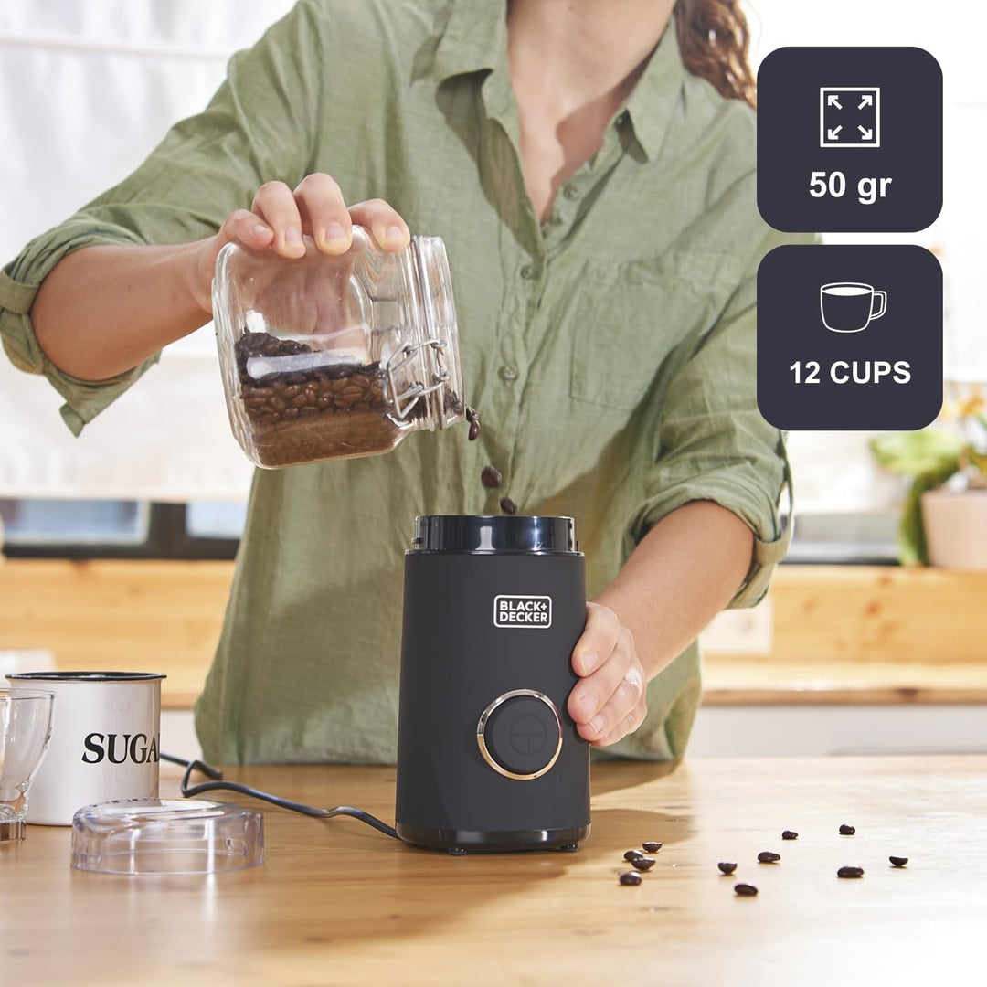 Black + Decker BXCG150E - Elektrische Mühle für Kaffee, Nüsse, Gewürze, Samen. Schnell, 150W, 50g, B