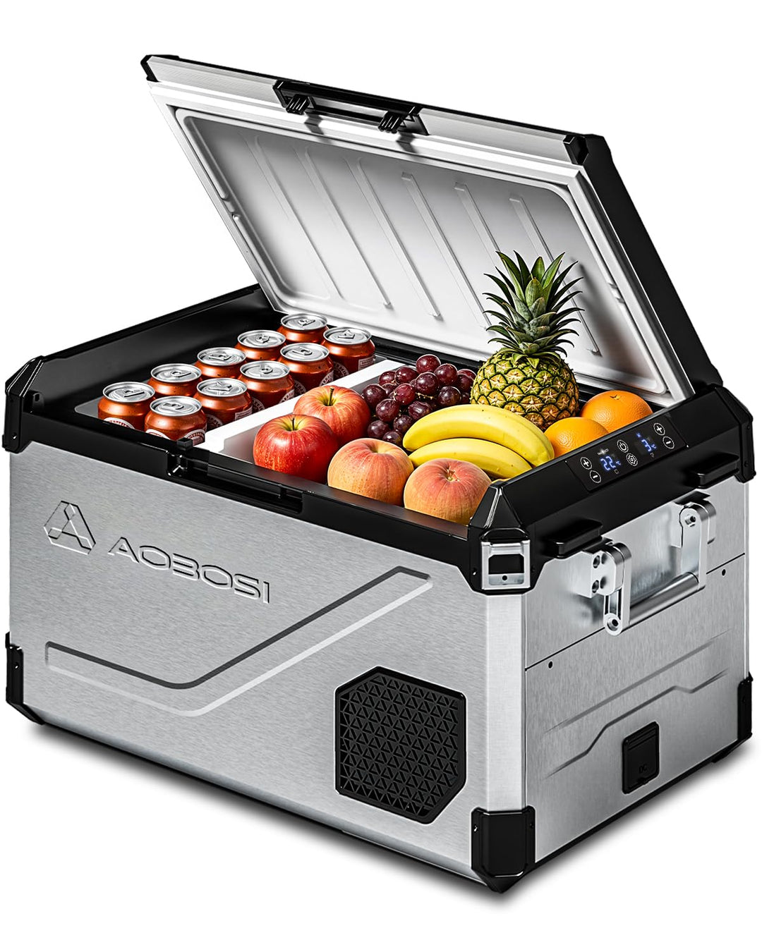 AAOBOSI 45L Kompressor Kühlbox Dual Zone bis -20℃，Edelstahlgehäuse &amp; Aluminium-Innenausstattung，12/2