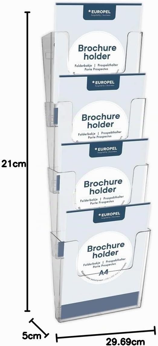 Europel Prospekthalter Wandmontage, Mehrfach, 4 Fächer DIN A4, Anschliessbar, Erweiterbar, Transpare