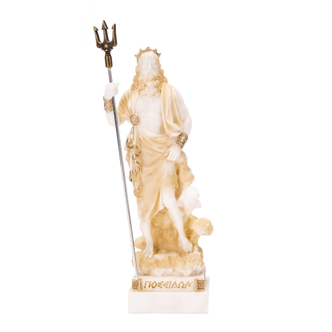 Poseidon Griechischer Gott des Meeres mit Dreizack Statue Figur Gold Alabaster 17,8 cm