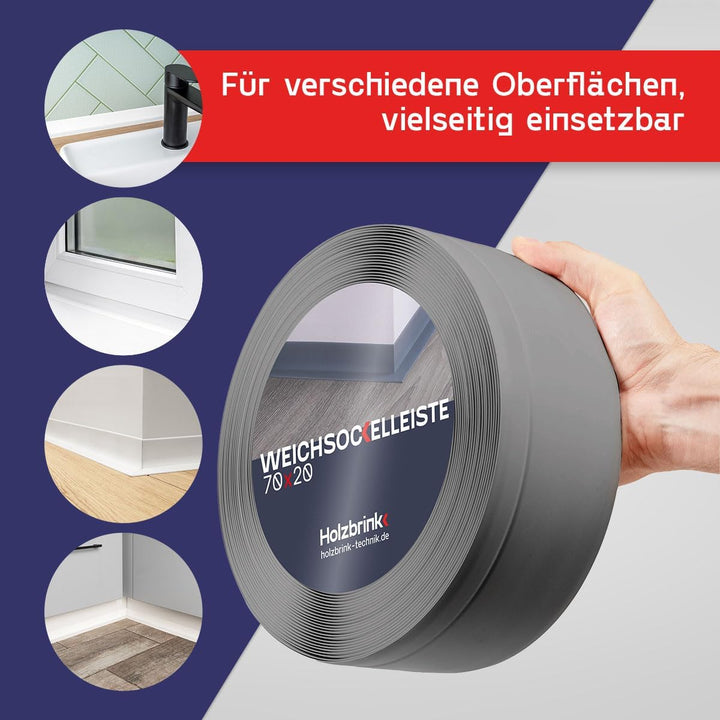 HOLZBRINK Weichsockelleiste selbstklebend Graphitgrau Knickleiste, Material: PVC, 70x20mm, 5 Meter 5