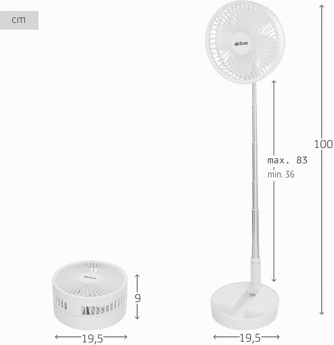 AKTIVE Kabelloser Ventilator, kompakt, faltbar, 19,7 x 19,7 x 19,7 x 97,5 cm, 4 Luftmodi, Dauer 2 –