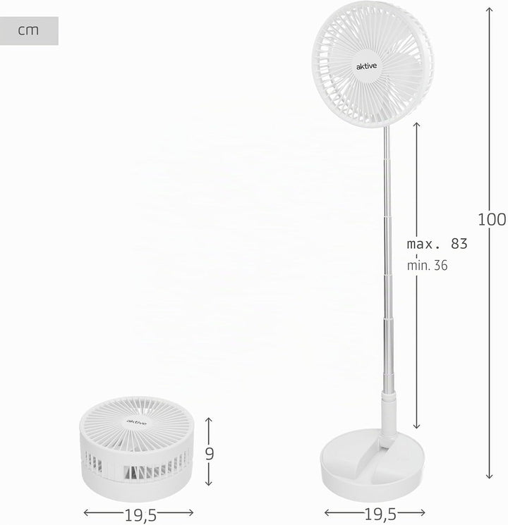 AKTIVE Kabelloser Ventilator, kompakt, faltbar, 19,7 x 19,7 x 19,7 x 97,5 cm, 4 Luftmodi, Dauer 2 –