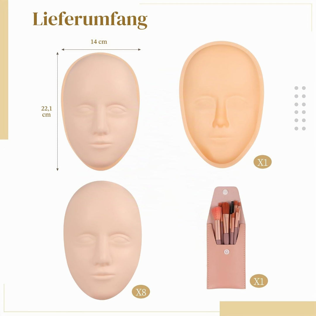 Make-up-Übungsset für das Gesicht, bestehend aus 8 Silikon-Mannequin-Gesichtern, 1 Übungsgesichtspla