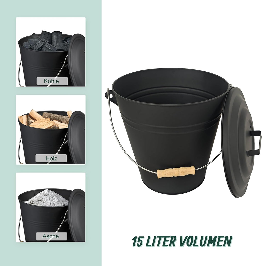 Relaxdays Ascheeimer mit Deckel, 15 Liter, inkl. Aschebesen & Kaminschaufel, Aschebehälter mit Henke