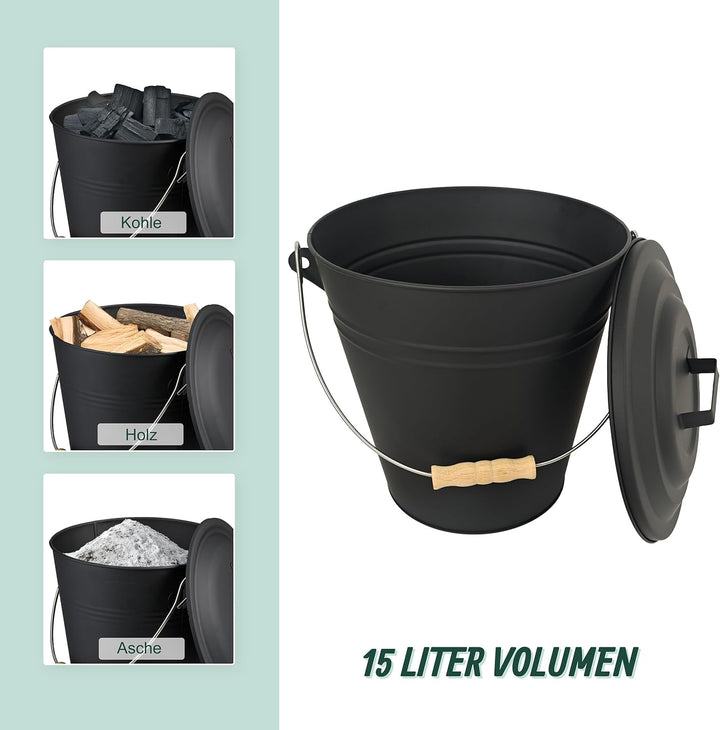 Relaxdays Ascheeimer mit Deckel, 15 Liter, inkl. Aschebesen & Kaminschaufel, Aschebehälter mit Henke
