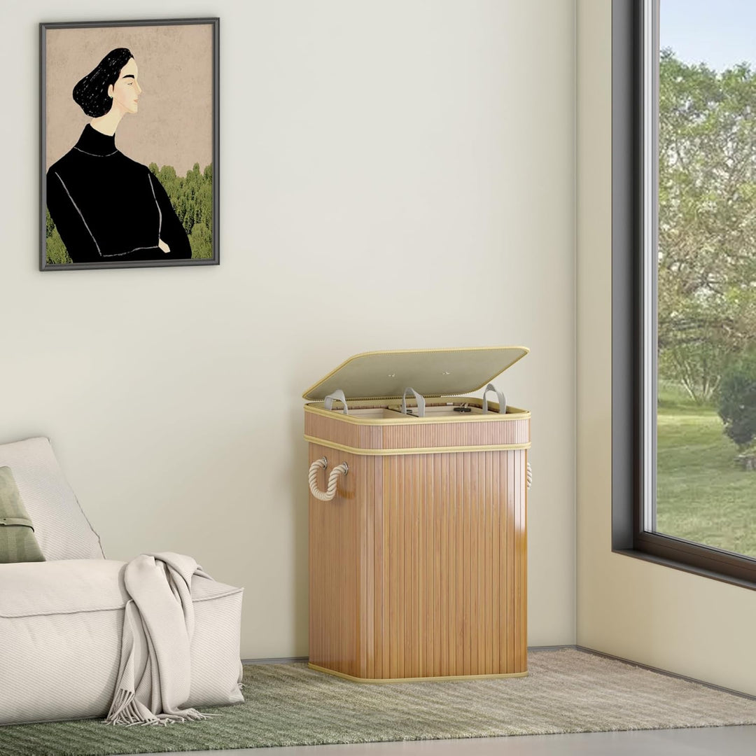AdelDream Wäschekorb 100L Bambusoptik mit Deckel & Griffen, 2-Fach Wäschesammler Faltbar, Wäschebox