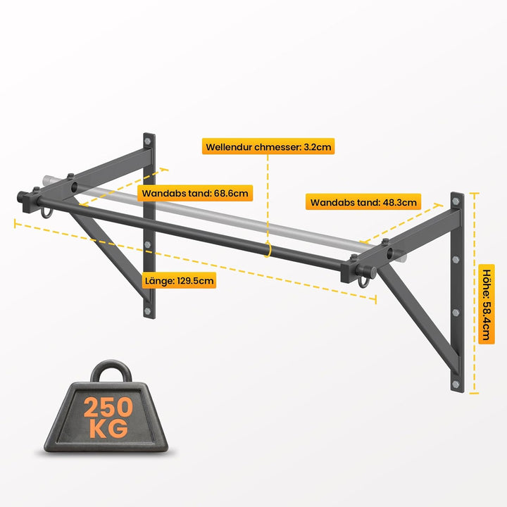 Jusgym Klimmzugstange Wandmontage 130 cm, Pull Up Bar 250 kg Tragfähigkeit, Klimmzugstangen für Kraf