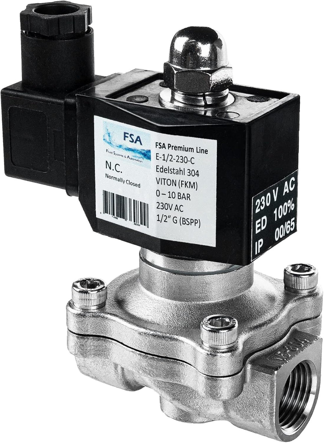 FSA Magnetventil Edelstahl 304 1/2" 230V AC 0-10 bar Viton stromlos geschlossen, 230v Ac