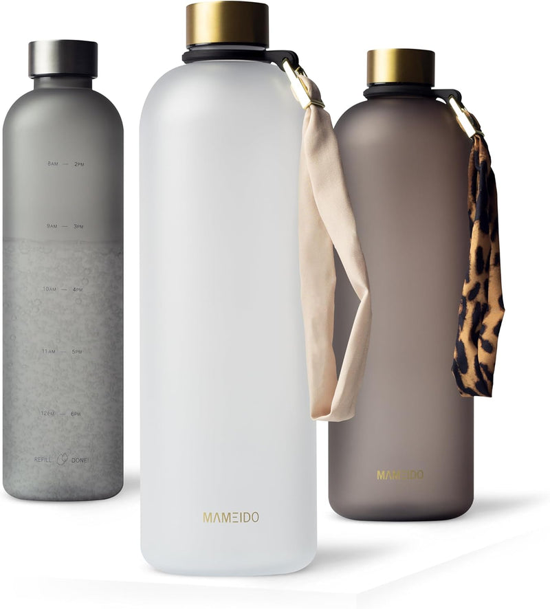 MAMEIDO Trinkflasche 1,5l & 1l Kohlensäure geeignet, auslaufsichere Trinkflasche mit Zeitmarkierung
