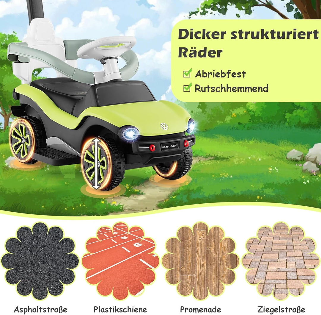 GOPLUS 3 in 1 VW autorisierte Schiebeauto, Rutschfahrzeug mit abnehmbarem Schiebgriff, Schutzbügel,