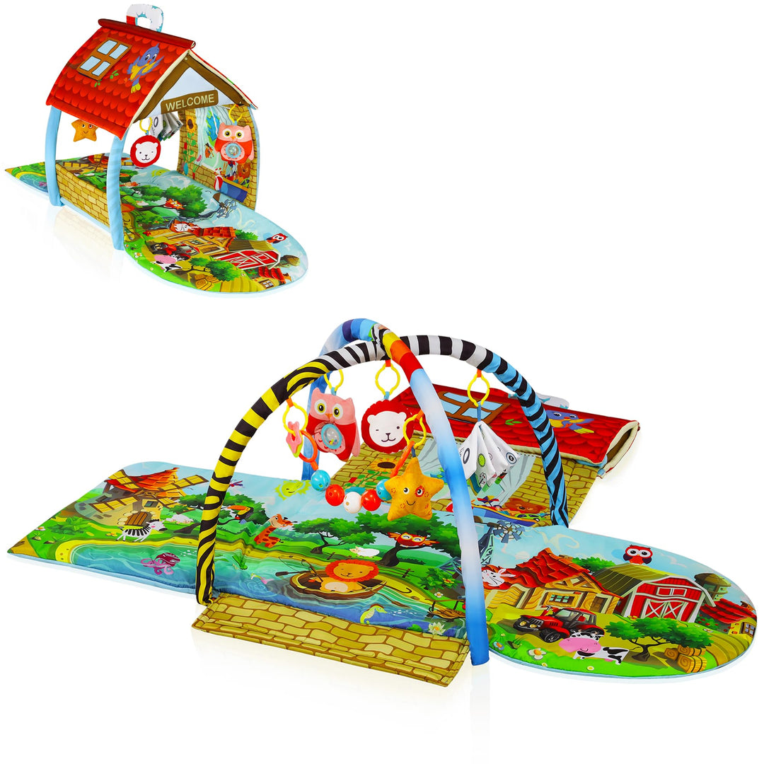 LIONELO Agnes Plus 2in1 Krabbeldecke für Baby, Spielmatte Baby, 2 Spielbögen, Spielhaus, Stoffbuch,