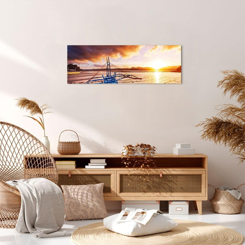 Panorama Bilder auf Leinwand Ufer Boot Strand Leinwandbild mit Rahmen 90x30cm Wandbilder Dekoration