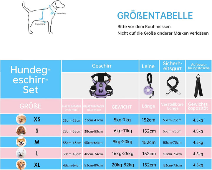 NESTROAD Hundegeschirr Mittelgrosse Hunde, Hellviolett | Gepolstertes Anti-Zug Geschirr mit Reflexst