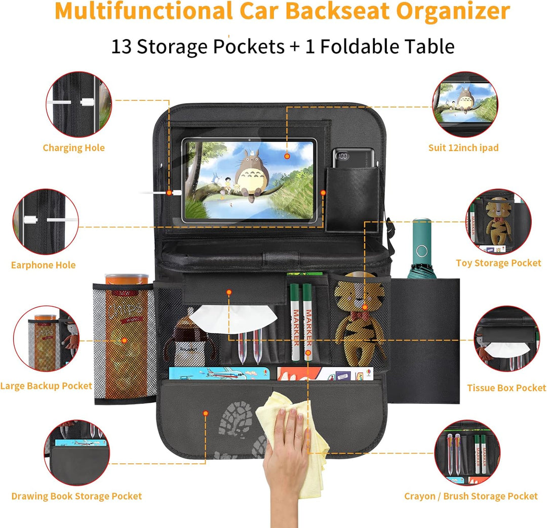 ERWEY Auto Organizer Kinder Rückenlehnenschutz mit Faltbar Tisch, Rücksitz Organizer mit 12 Zoll Pad