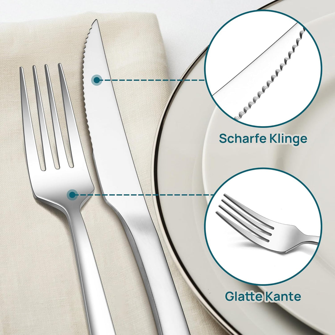 Herogo Steakbesteck Set, 24-teilig Edelstahl Messer und Gabel Set für 12 Personen, Silber Besteck St