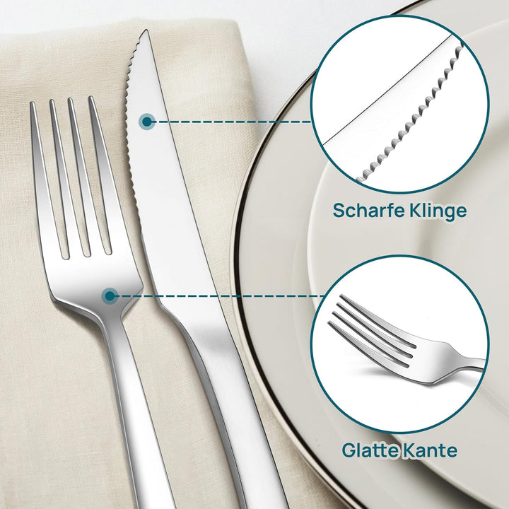 Herogo Steakbesteck Set, 24-teilig Edelstahl Messer und Gabel Set für 12 Personen, Silber Besteck St
