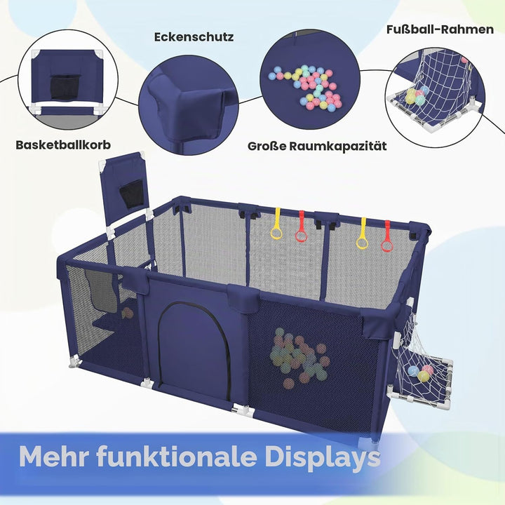 Laufstall, XXL, faltbar, modulierbar, für Babys, mit Barrieren/Netzen/Ozeanball/4 Griffen, extra gro