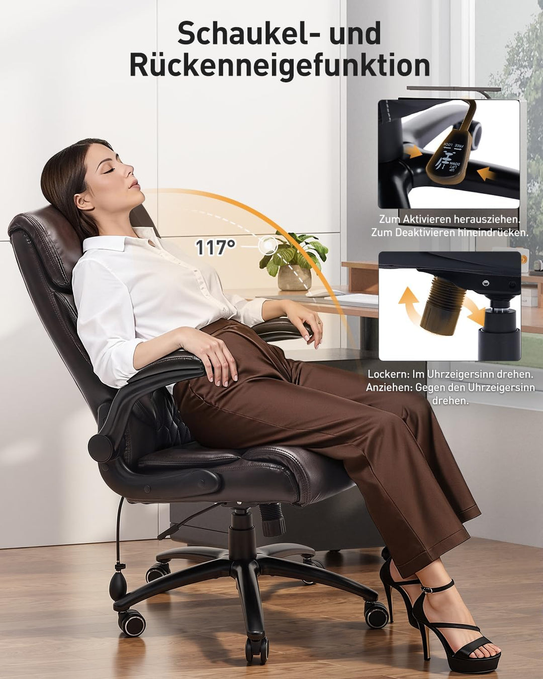 COLAMY Ergonomischer Chefsessel mit Lordosenstütze, gepolsterten Hochklapparmen und Kippverstellung