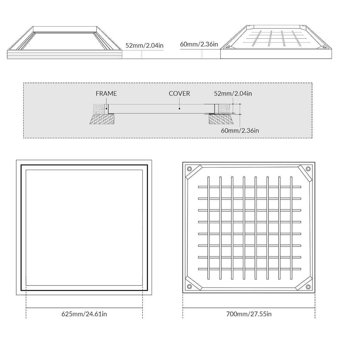 LIROPAU Schachtabdeckung 700x700mm Aluminium Versenkte Schachtdeckel, Eingebettete Schachtabdeckung