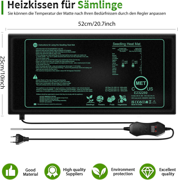Heizmatte Wärmematte Pflanzen mit Thermostat, Mini Indoor Gewächshaus Heizkissen 25 x 52.5cm, Zimmer