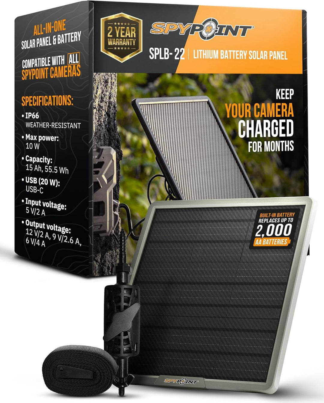 SPYPOINT Solarpanel SPLB-22 für Trail-Kamera mit internem Akku für Outdoor-Trail-Kamera Solarpanel -