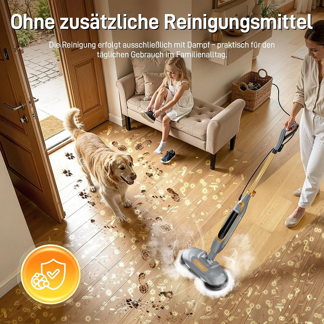 Dampfreiniger Steam Mop mit Doppelrotation und Eigenantrieb | 6 waschbare Mikrofaser-Pads, 4 Reinigu