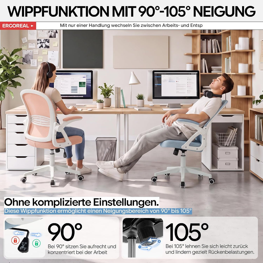 Ergonomischer Bürostuhl, 90-110° Verstellbare Rückenlehne &amp; Aufklappbare Armlehnen (90°), Bürostuhl
